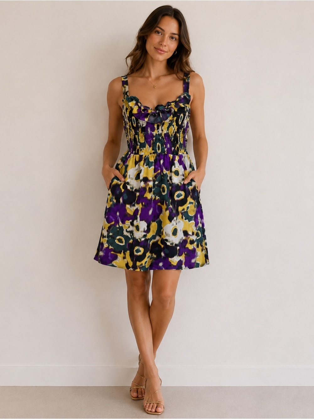 Anthropologie Maeve Giverny Silk Floral Smocked Dress Size XS Straps Pockets Lux